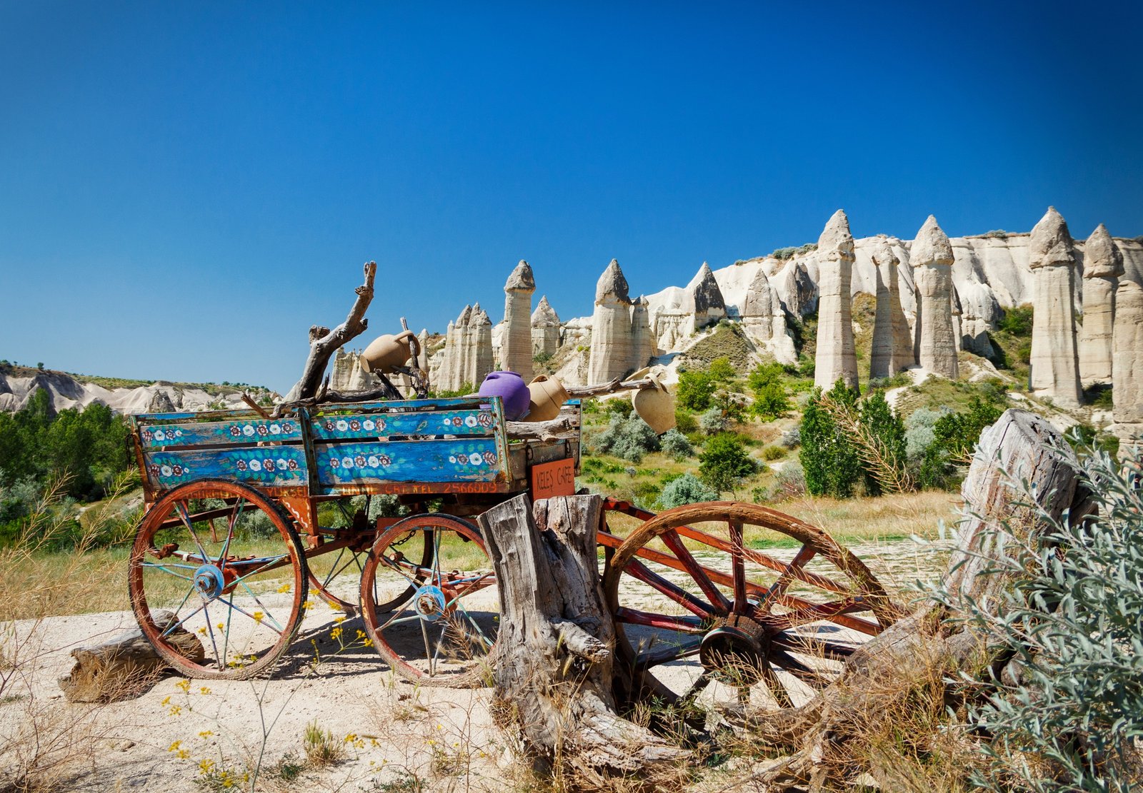 Decorated carriage in Love Valley in Cappadocia. Popular touristic area in Turkey